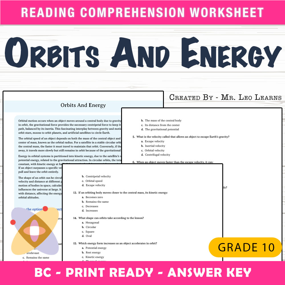 Grade 10 Science worksheet mcq paper worksheet — Grade 10 Science — Orbits And Energy Worksheet MCQ Paper — page 1