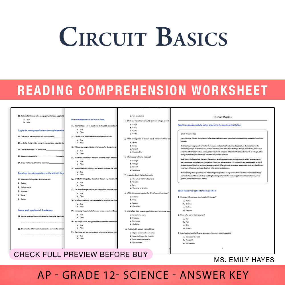 Grade 12 Science worksheet assessment worksheet — 12th Grade Science | Circuit Basics Assessment Worksheet (PDF+ Answer Ke…