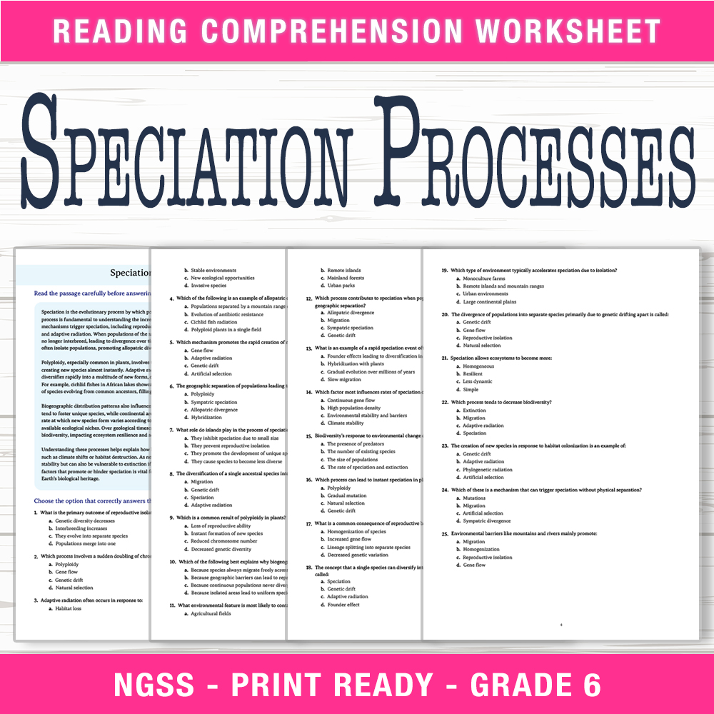 Grade 7 Science | Speciation Processes Worksheet (PDF + Answer Key)