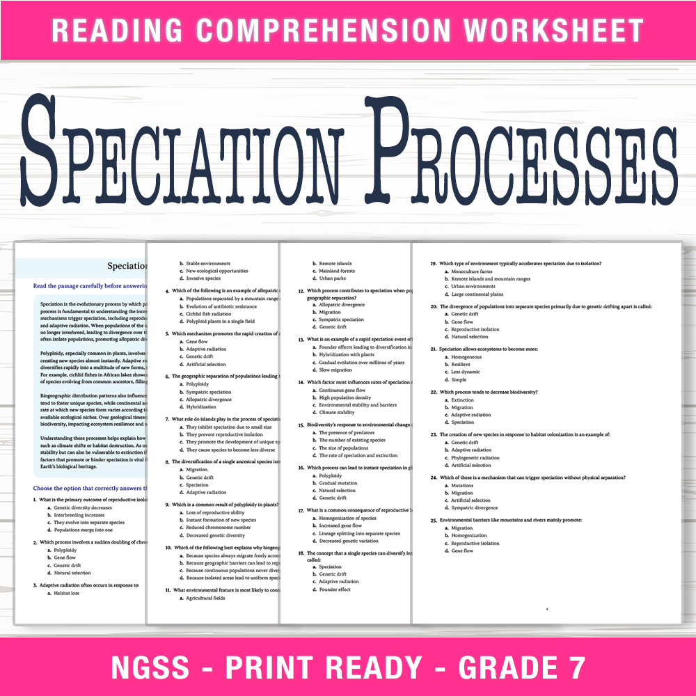 Grade 7 Science worksheet worksheet — Grade 7 Science | Speciation Processes Worksheet (PDF + Answer Key) — page 1