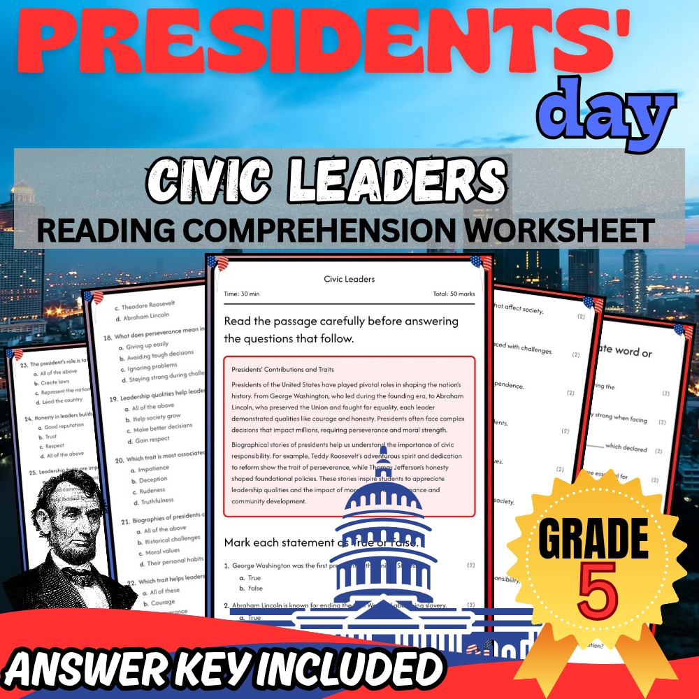 Grade 5 Presidents' Day Unit Bundle | Holiday & Civic Leadership Worksheets — included worksheet 2
