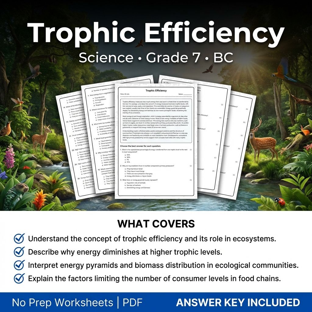 7th Grade Science | Trophic Efficiency Worksheet & Answer Key (PDF Printable)