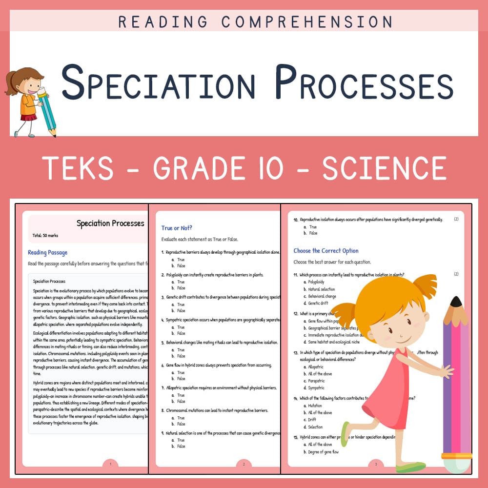 Grade 10 Science worksheet elena worksheet — Grade 10 Science | Speciation Processes Worksheet | TEKS Aligned — page 1