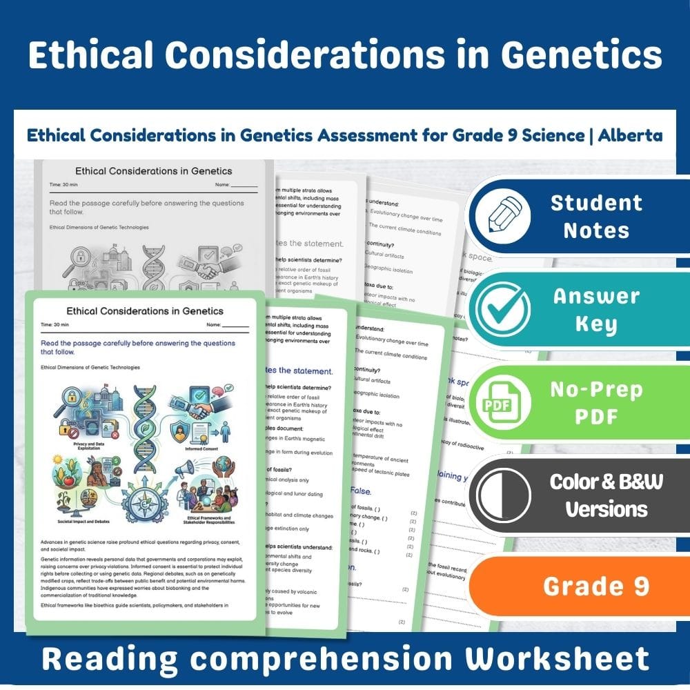 Grade 9 Science assessment worksheet — Ethical Considerations in Genetics Assessment for Grade 9 Science | Alberta — page 1