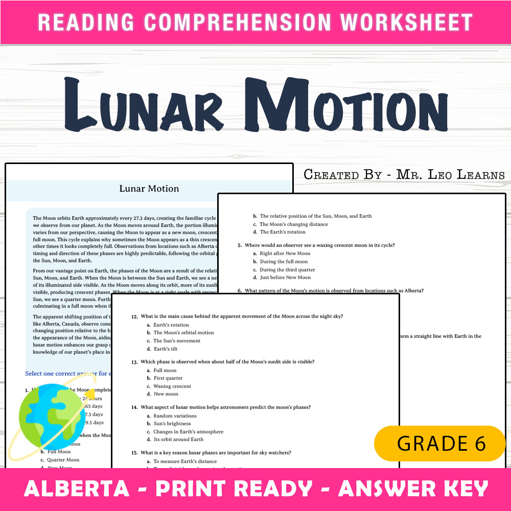 Grade 6 Science worksheet mcq paper worksheet — Grade 6 Science — Worksheet MCQ Paper for Mastering Lunar Motion — page 1