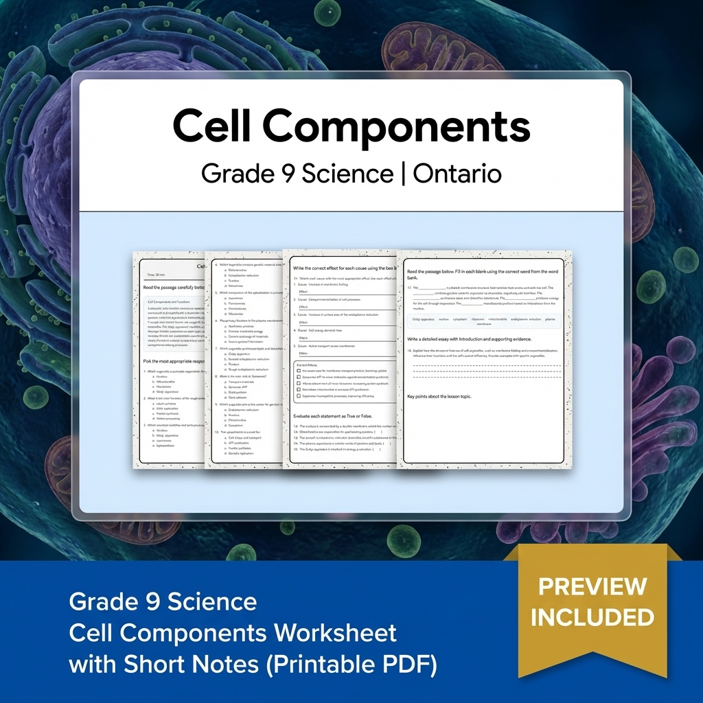 Grade 9 Science Cell Components Worksheet with Short Notes (Printable PDF)