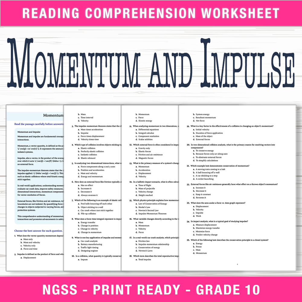 Grade 10 Science worksheet worksheet — Grade 10 Science | Momentum and Impulse Worksheet (PDF + Answer Key) — page 1