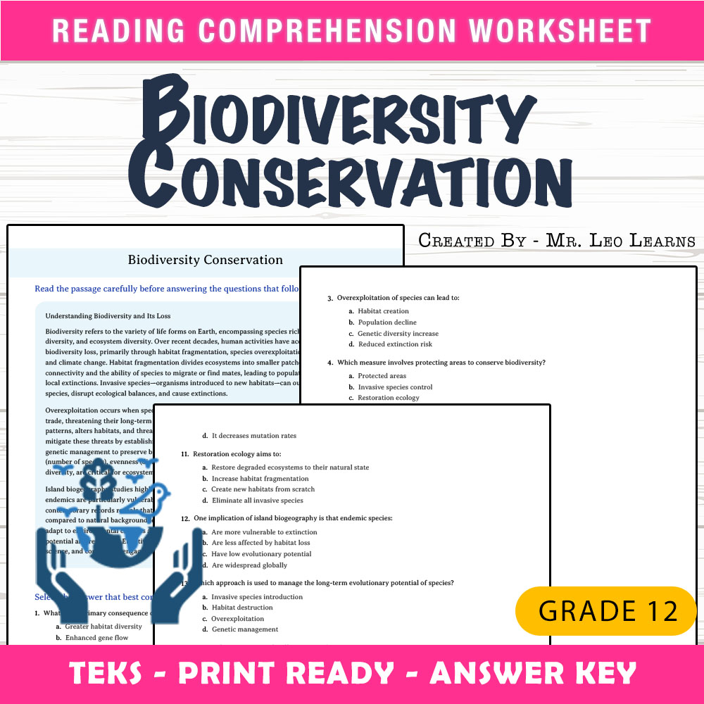 Grade 12 Science worksheet worksheet — Grade 12 Science | Biodiversity Conservation Worksheet for Mastery — page 1