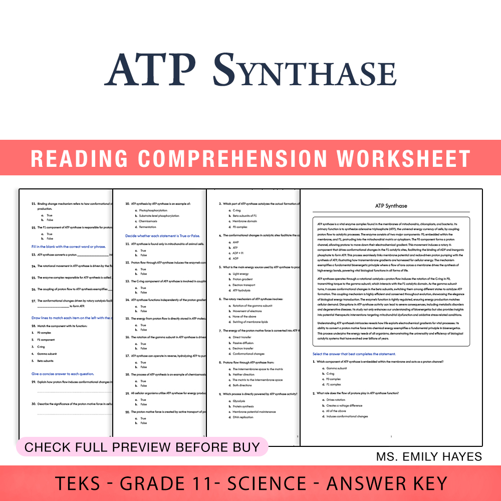 Grade 11 Science worksheet worksheet — Grade 11 Science | ATP Synthase Worksheet (PDF+ Answer Key) — page 1