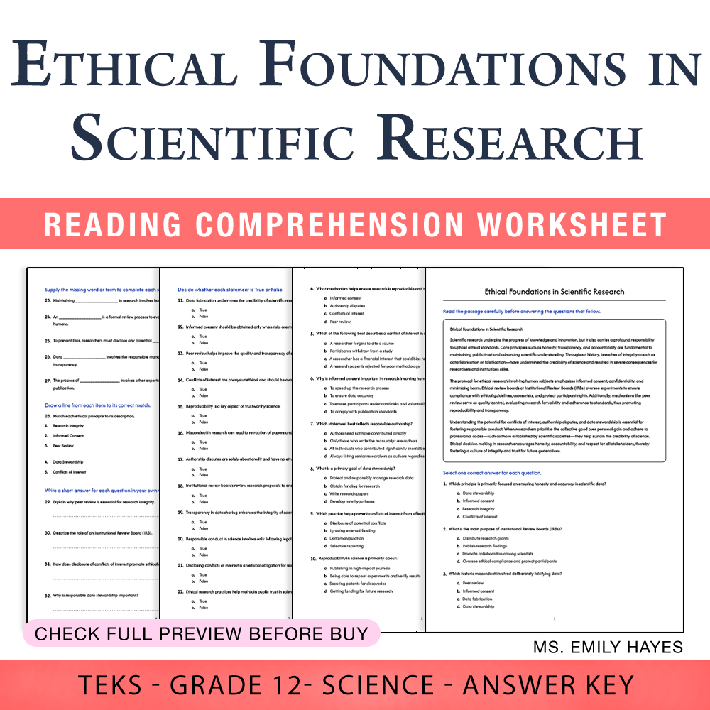 Grade 12 Science worksheet worksheet — 12th Grade Science |Ethical Foundations in Scientific Research(PDF + Answer Key) —…