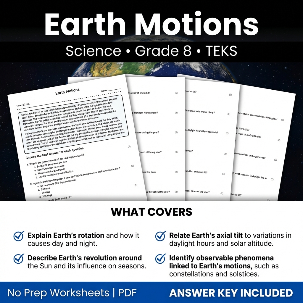 Earth Motions Worksheet for Grade 8 Science | TEKS Practice PDF