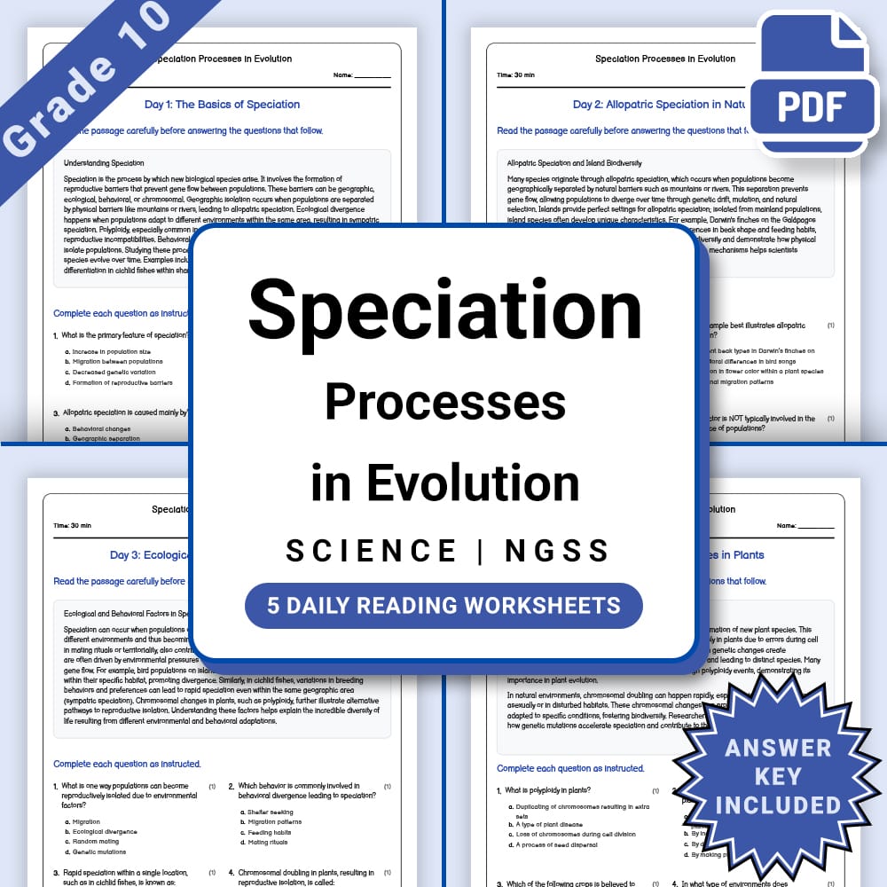 Grade 10 Science daily reading worksheet worksheet — Grade 10 Science – Speciation Processes Worksheet (PDF +Answer Key) —…