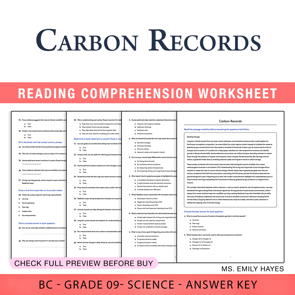 Grade 9 Science worksheet worksheet — Grade 9 Science | Carbon Records Worksheet (PDF+ Answer Key) — page 1