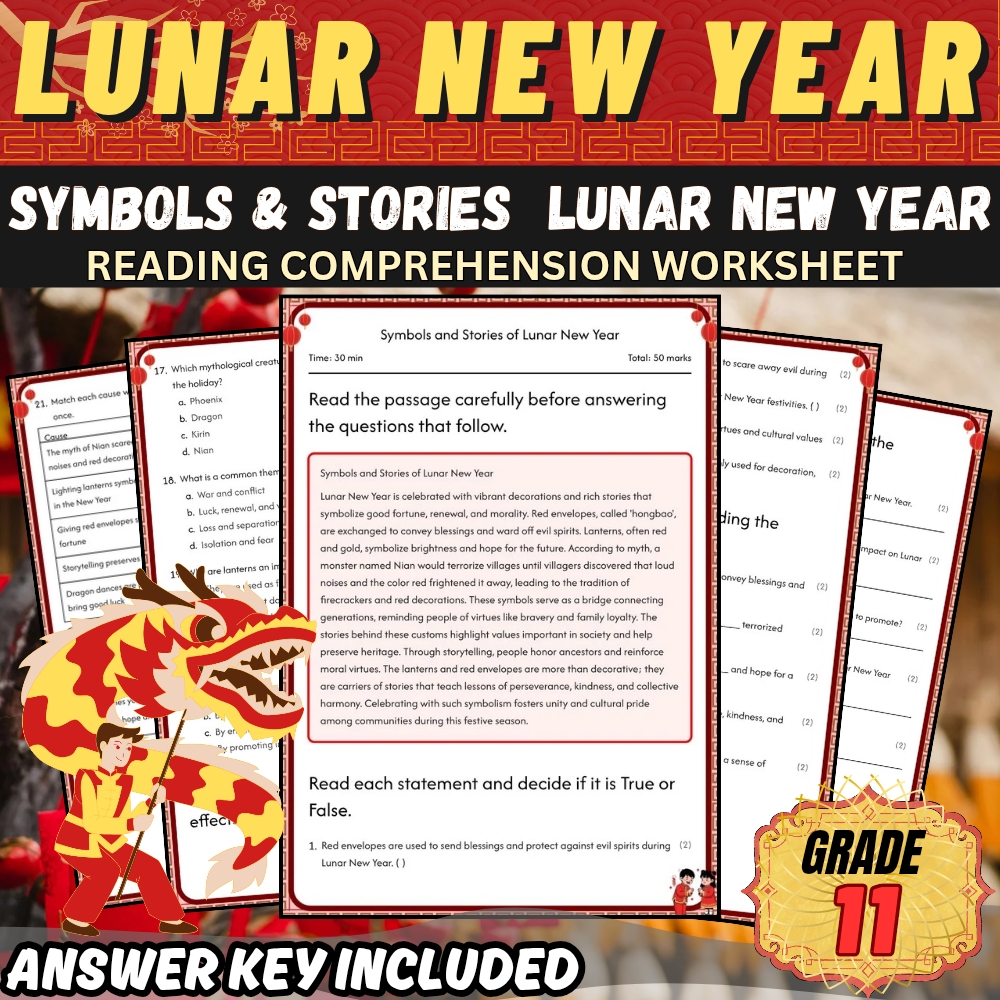 Grade 11 Holiday | Lunar New Year Symbols and Stories Worksheet PDF + Answer Key