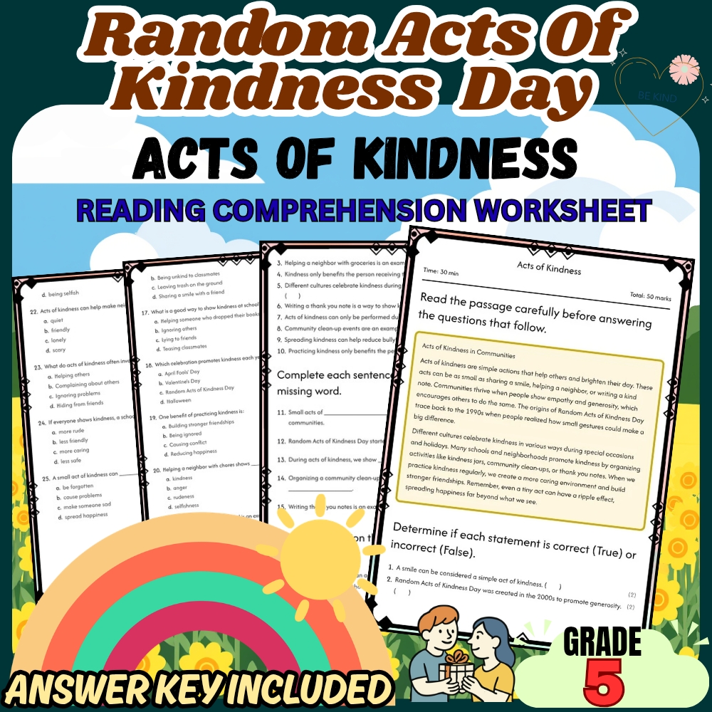 Grade 5 Holiday Random Acts of Kindness Worksheet for Mastery | PDF + Answer Key
