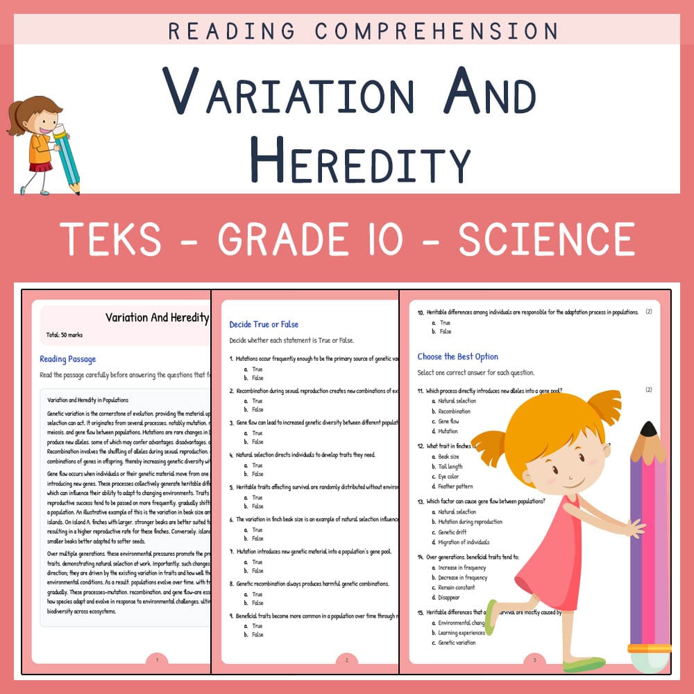 Grade 10 Science worksheet elena worksheet — Grade 10 Science | Variation And Heredity Worksheet | TEKS-Aligned — page 1