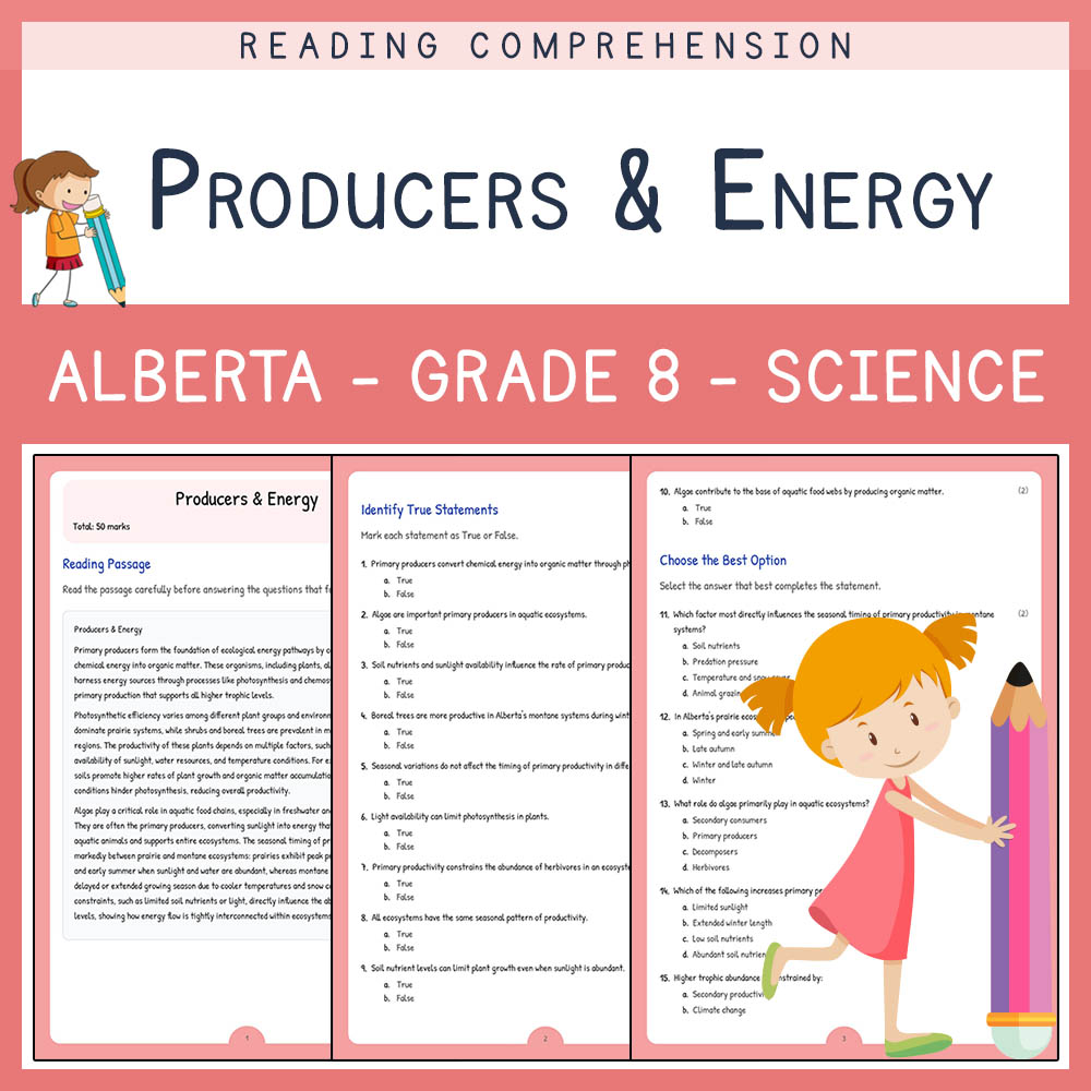 Grade 8 Science worksheet elena worksheet — Grade 8 Science | Producers & Energy Worksheet | Alberta — page 1