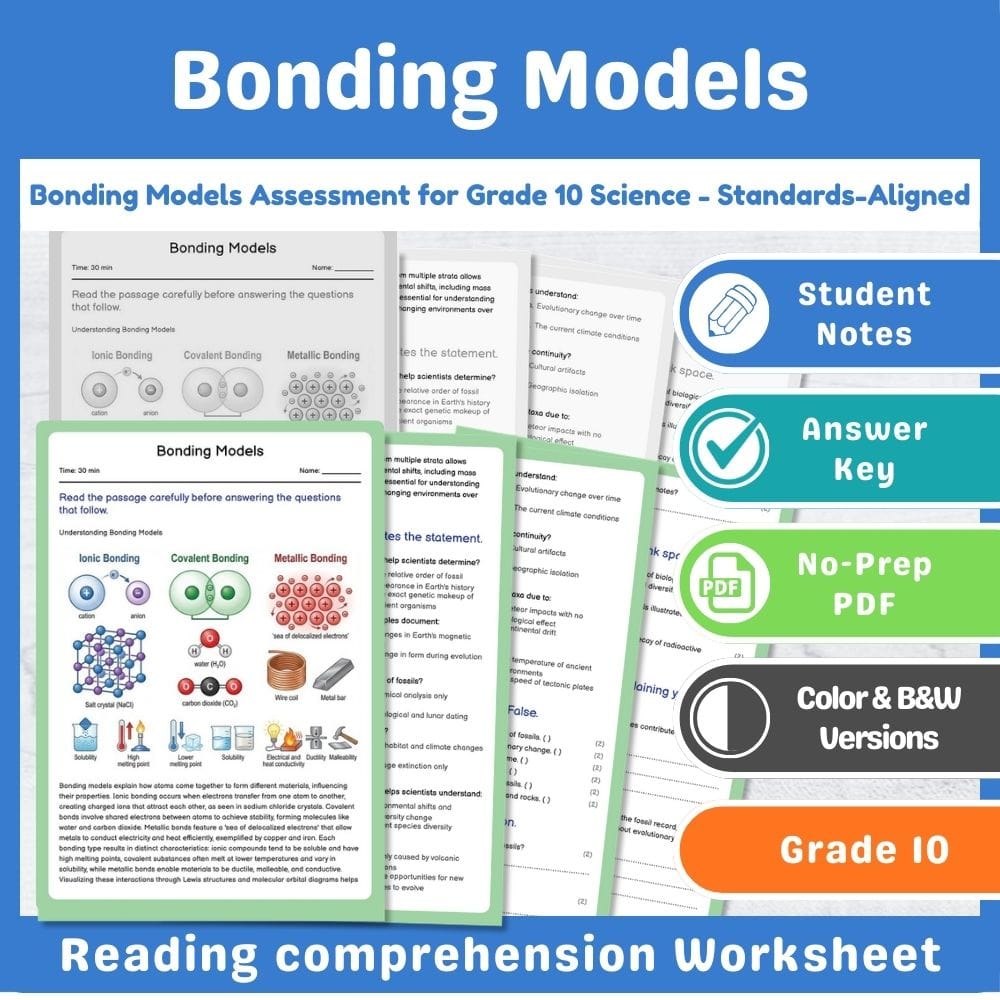 Grade 10 Science assessment worksheet — Bonding Models Assessment for Grade 10 Science - Standards-Aligned — page 1