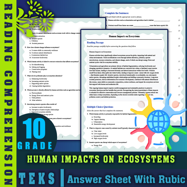 Grade 10 Science reading worksheets worksheet — Grade 10 Science | Human Impacts on Ecosystems Reading (PDF & Answer Key)…