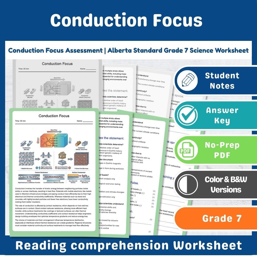 Grade 7 Science assessment worksheet — Conduction Focus Assessment | Alberta Standard Grade 7 Science Worksheet — page 1
