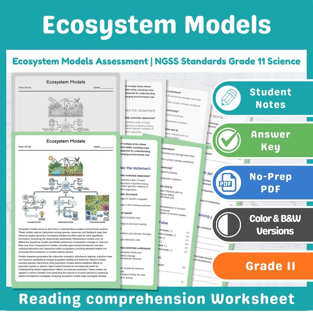 Grade 11 Science assessment worksheet — Ecosystem Models Assessment | NGSS Standards Grade 11 Science