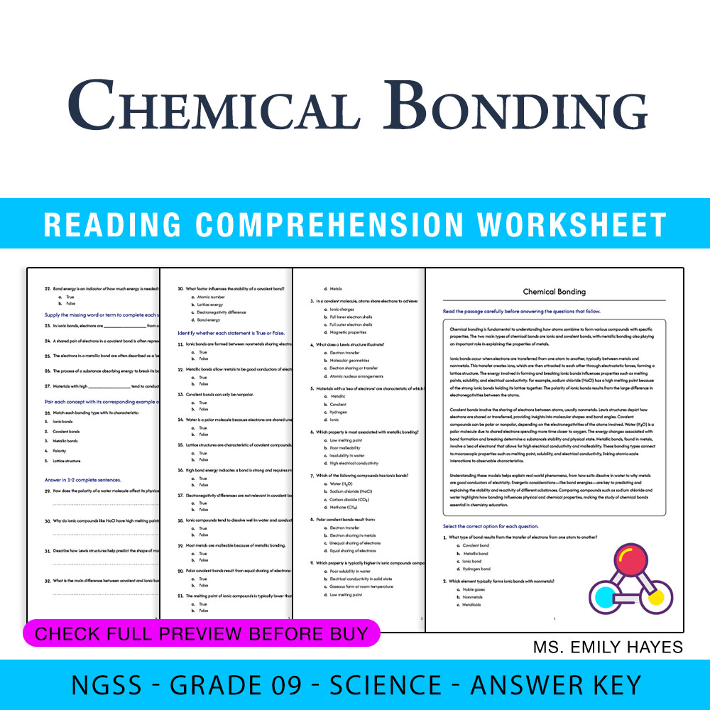 Grade 9 Science worksheet worksheet — 9th Grade Science | Chemical Bonding Worksheet (PDF+ Answer Key) — page 1