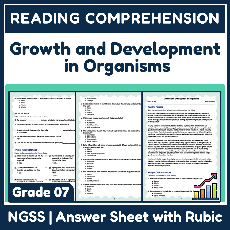 Science reading worksheets worksheet — 7th Grade Science | Growth and Development in Organisms Reading Worksheet — page 1