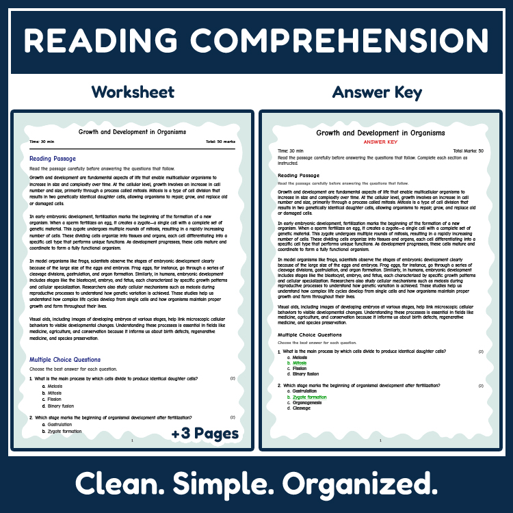Science reading worksheets worksheet — 7th Grade Science | Growth and Development in Organisms Reading Worksheet — page 2
