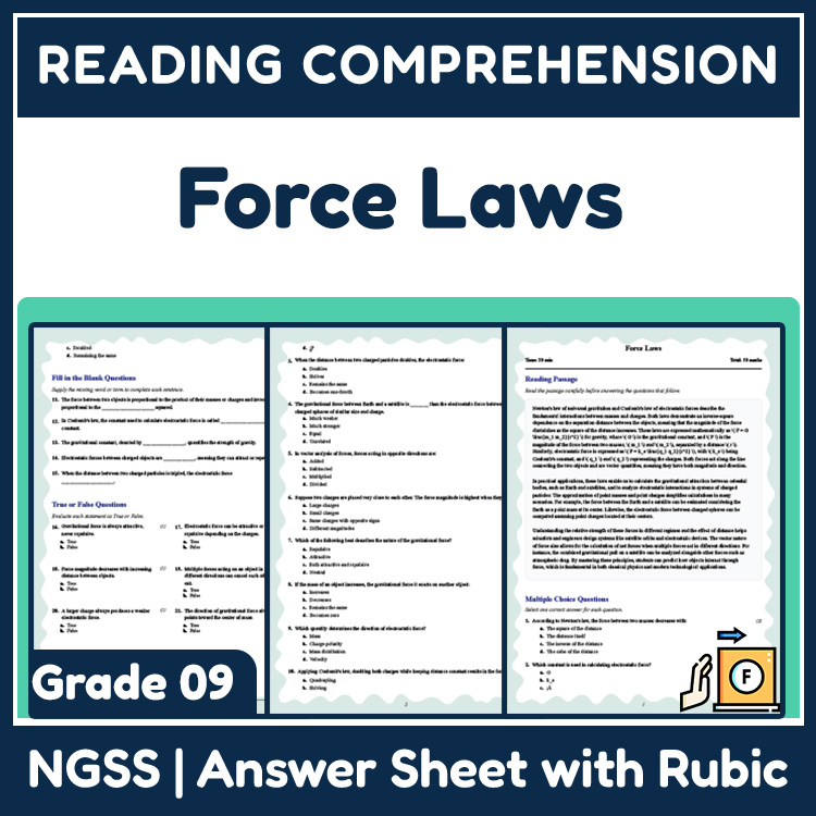 Grade 9 Science reading worksheets worksheet — Grade 9 Science | Force Laws Reading Worksheet (PDF + Answer Key) — page 1