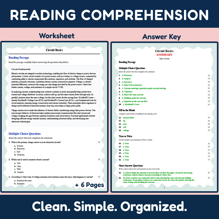 Grade 12 Science reading worksheets worksheet — 12th Grade Science | Circuit Basics Reading Worksheet & Answer Key PDF — p…