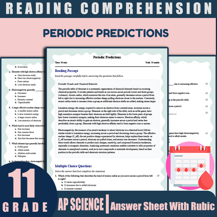 Grade 11 Science reading worksheets worksheet — 11th Grade Science | Periodic Predictions Reading Worksheet & Answer Key (…