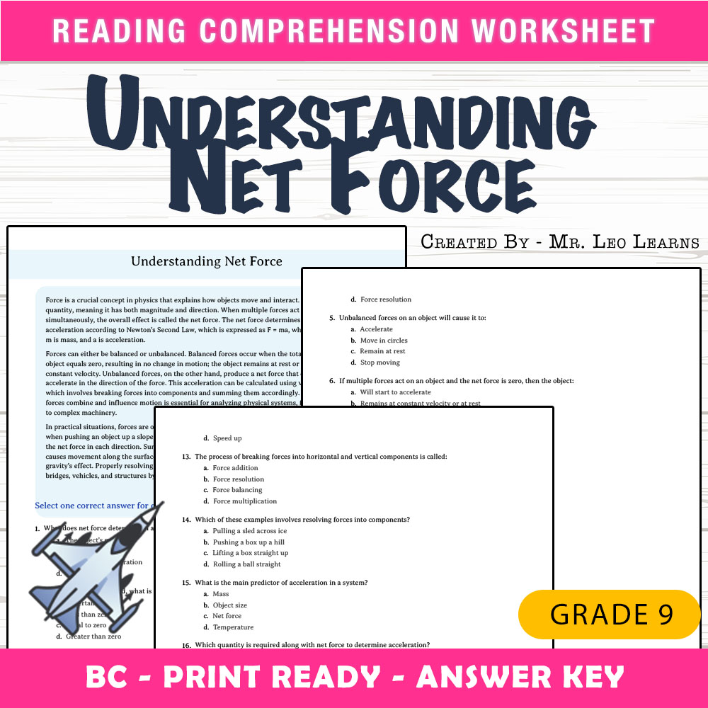 Grade 9 Science worksheet mcq paper worksheet — Grade 9 Science — Worksheet MCQ on Understanding Net Force — page 1