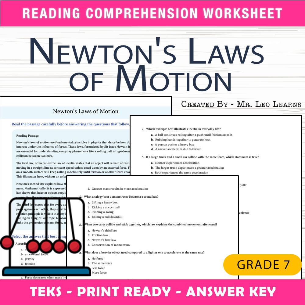 Grade 7 Science worksheet worksheet — Grade 7 Science – Newton's Laws of Motion Worksheet for Mastery — page 1