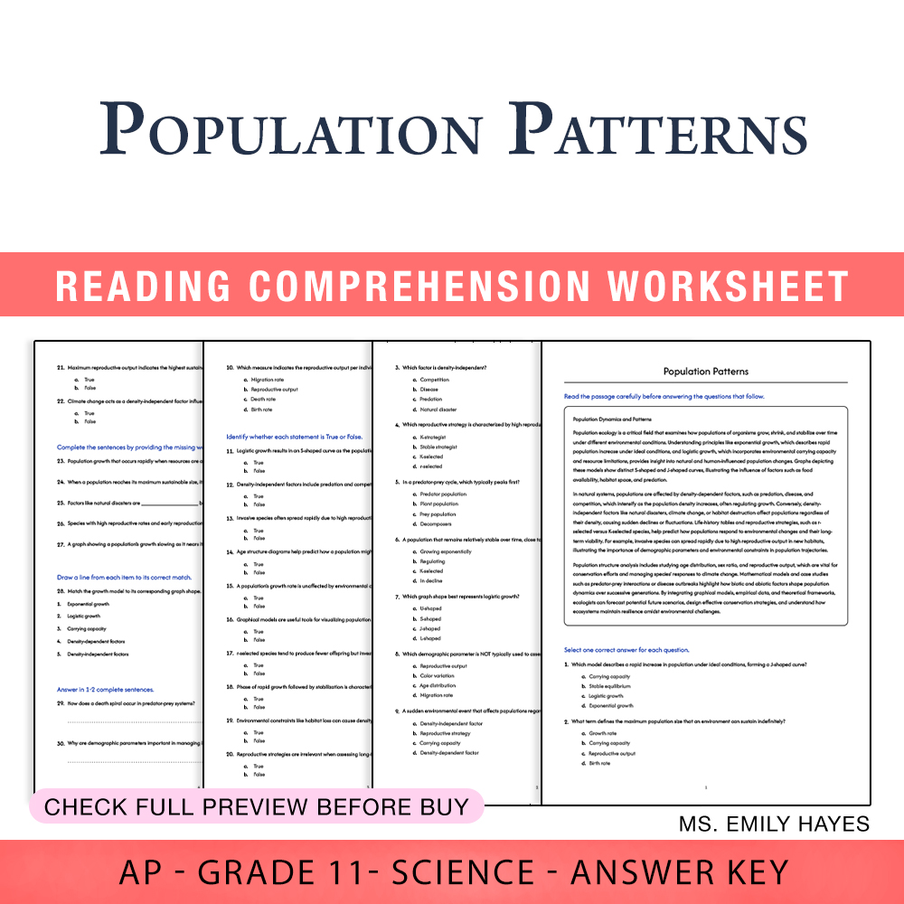 Grade 11 Science worksheet assessment worksheet — Grade 11 Science | Population Patterns Assessment Worksheet (PDF+ Answer…