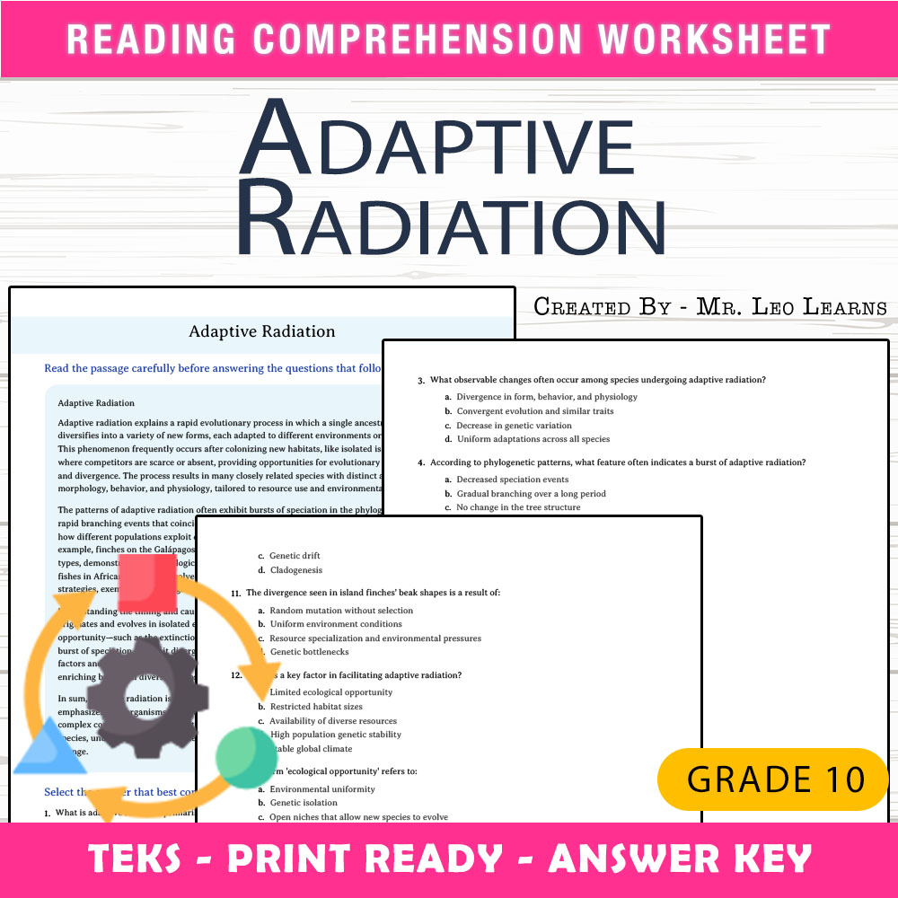 Grade 10 Science worksheet worksheet — Grade 10 Science – Adaptive Radiation Worksheet for Mastery — page 1