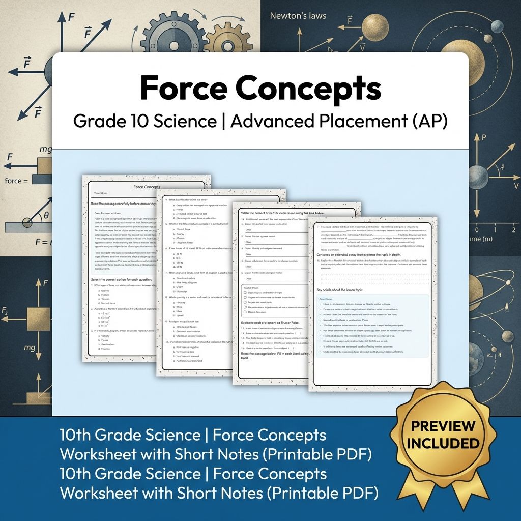 10th Grade Science | Force Concepts Worksheet with Short Notes (Printable PDF)