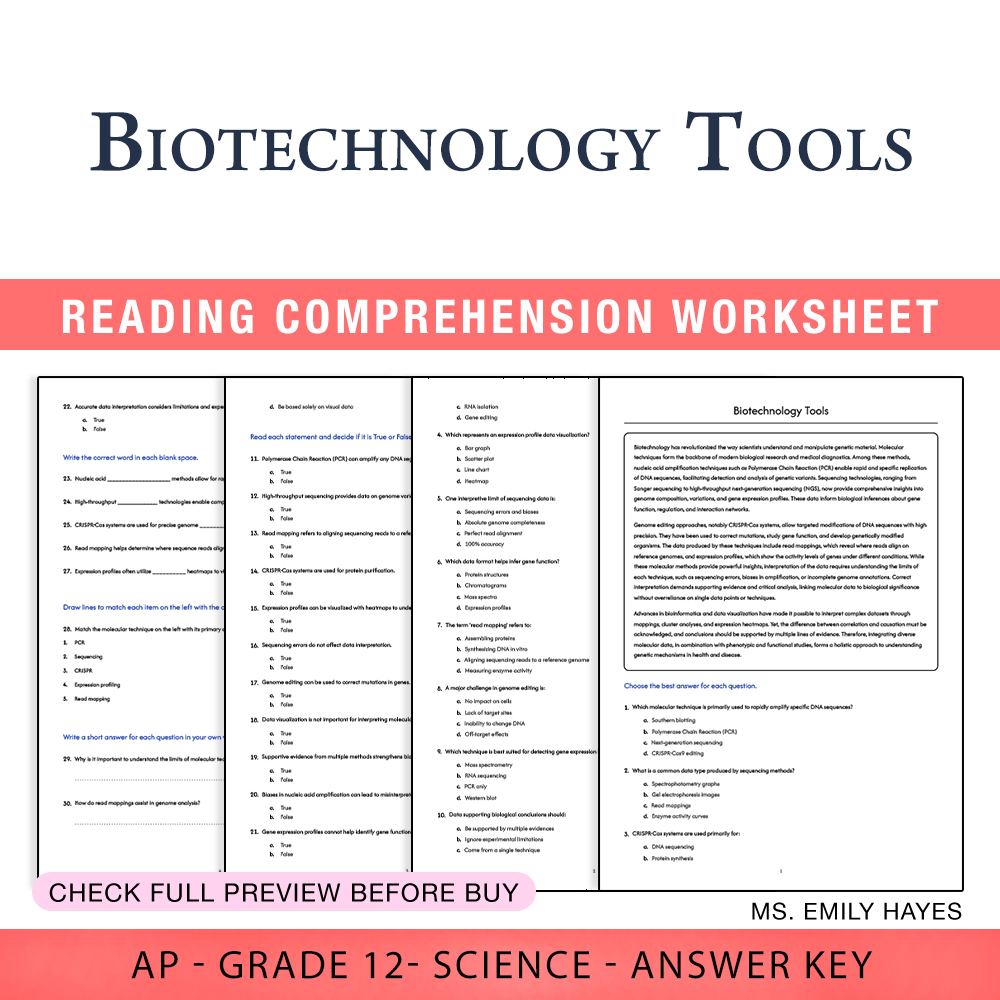 Grade 12 Science worksheet assessment worksheet — Grade 12 Science | Biotechnology Tools Assessment Worksheet (PDF+ Answer…
