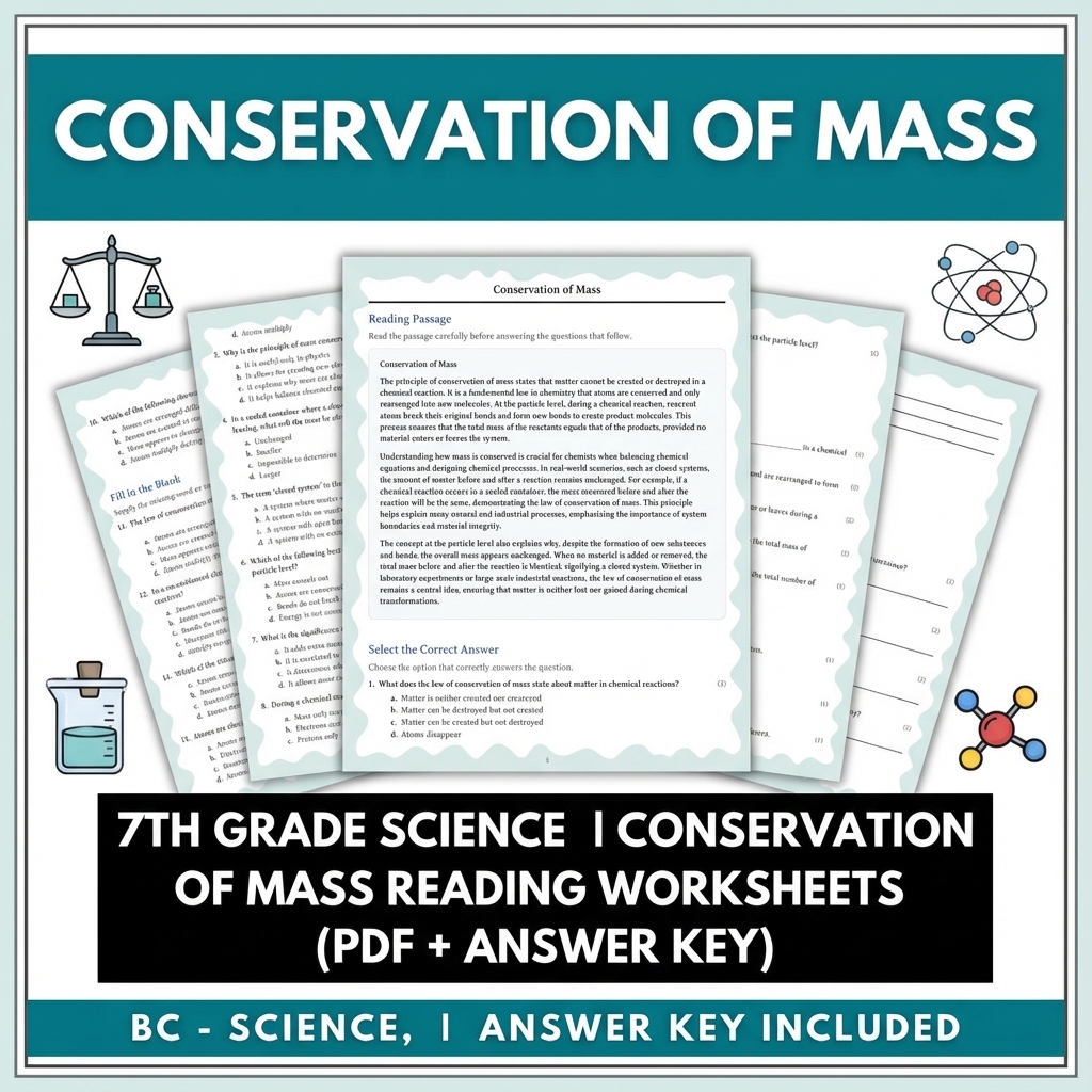 7th Grade Science | Conservation of Mass Reading Worksheets (PDF + Answer Key)