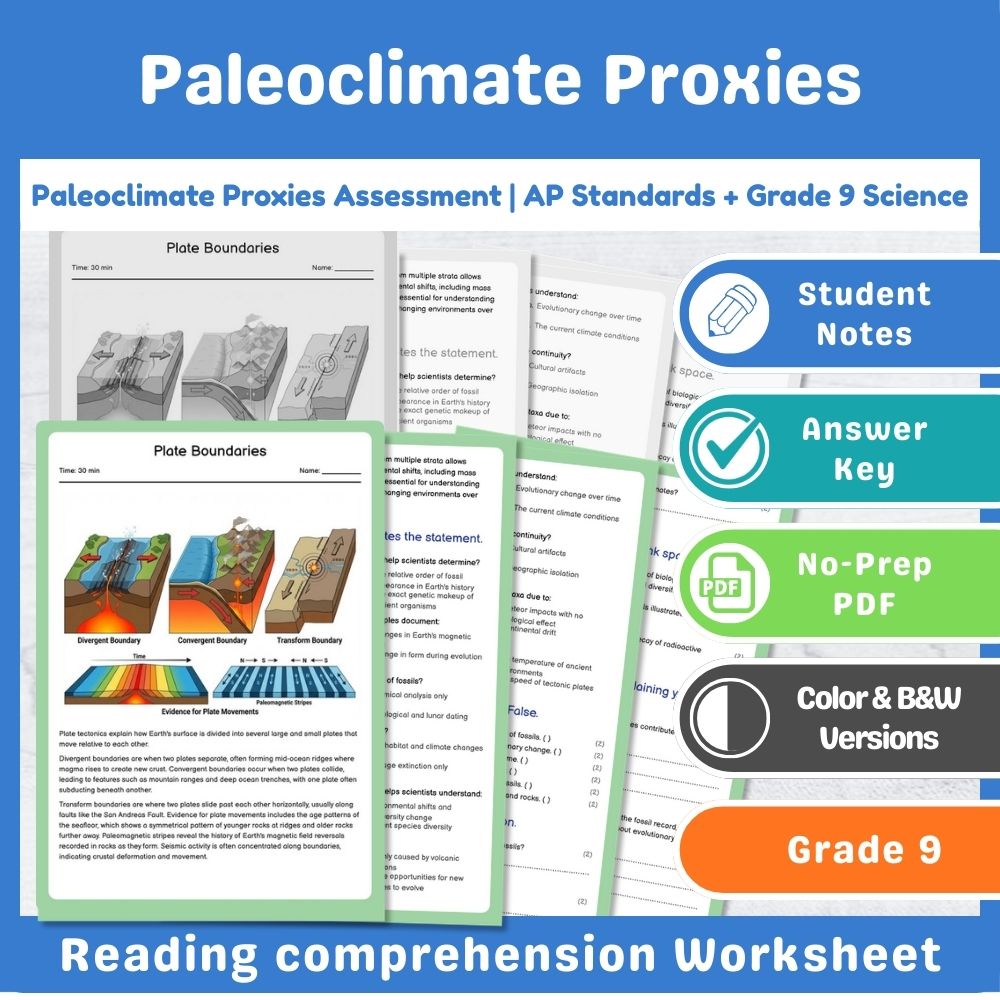 Grade 9 Science assessment worksheet — Paleoclimate Proxies Assessment | AP Standards + Grade 9 Science — page 1