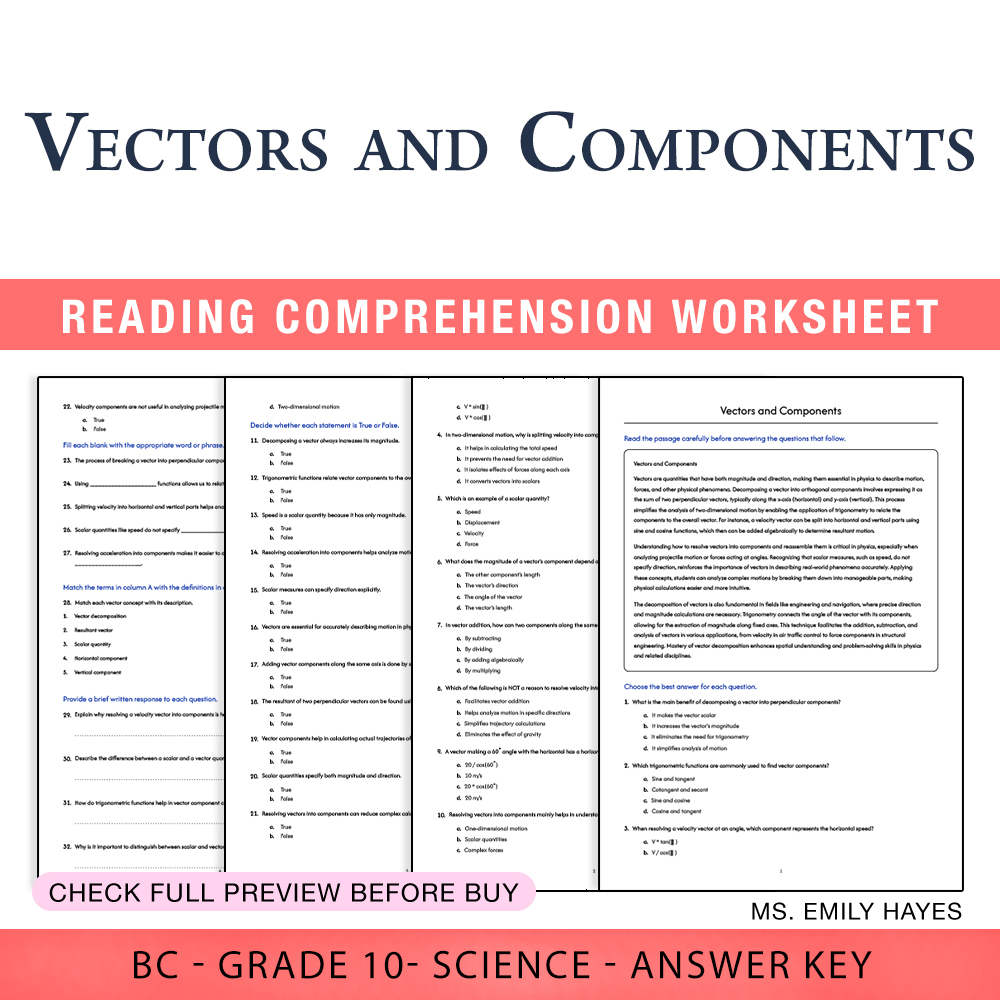 Grade 10 Science worksheet worksheet — Grade 10 Science | Vectors and Components Worksheet (PDF+ Answer Key) — page 1
