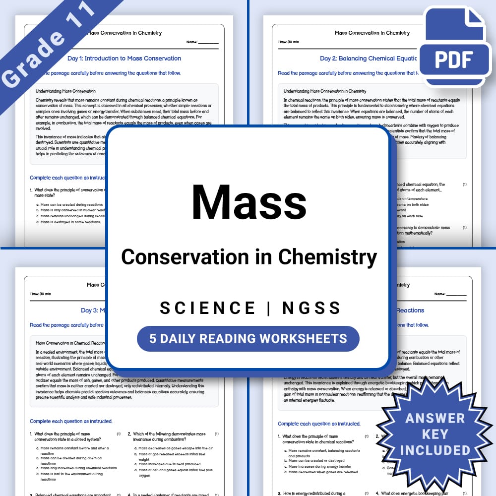 Grade 11 Science daily reading worksheet worksheet — Grade 11 Science – Mass Conservation Worksheet(PDF +Answer Key) — page 1