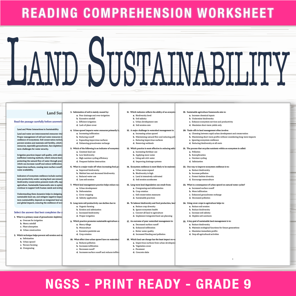 Grade 9 Science worksheet worksheet — Grade 9 Science | Land Sustainability Worksheet (PDF + Answer Key) — page 1