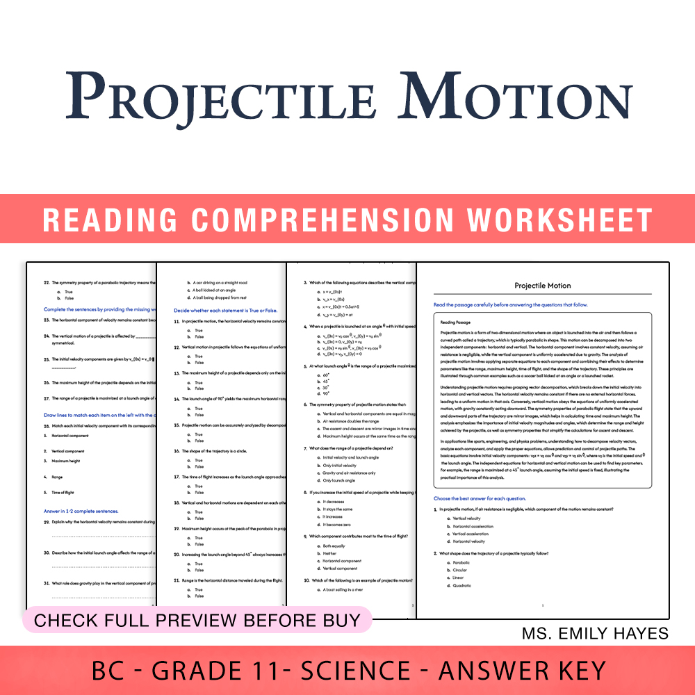 Grade 11 Science worksheet worksheet — 11th Grade Science | Projectile Motion Worksheet (PDF + Answer Key) — page 1