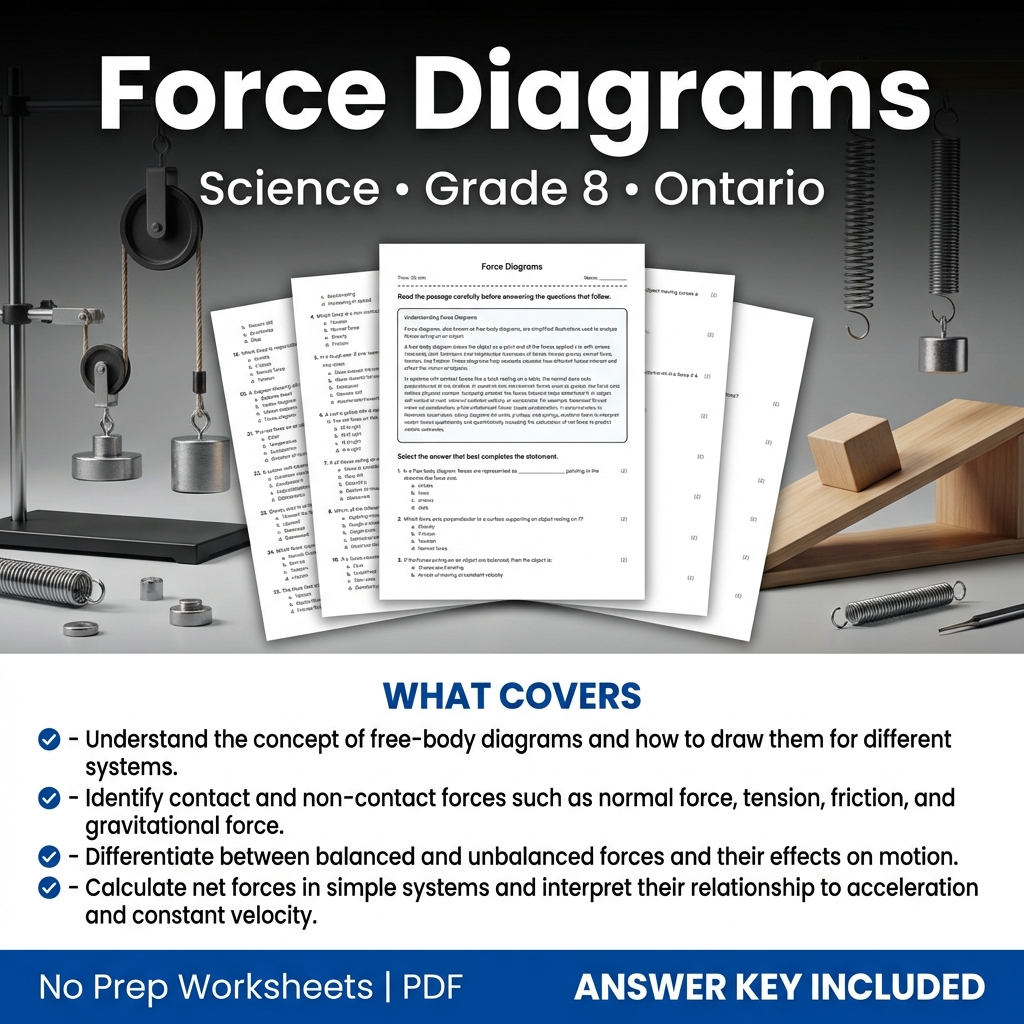 Force Diagrams Worksheet for Grade 8 Science | Ontario Standard Practice