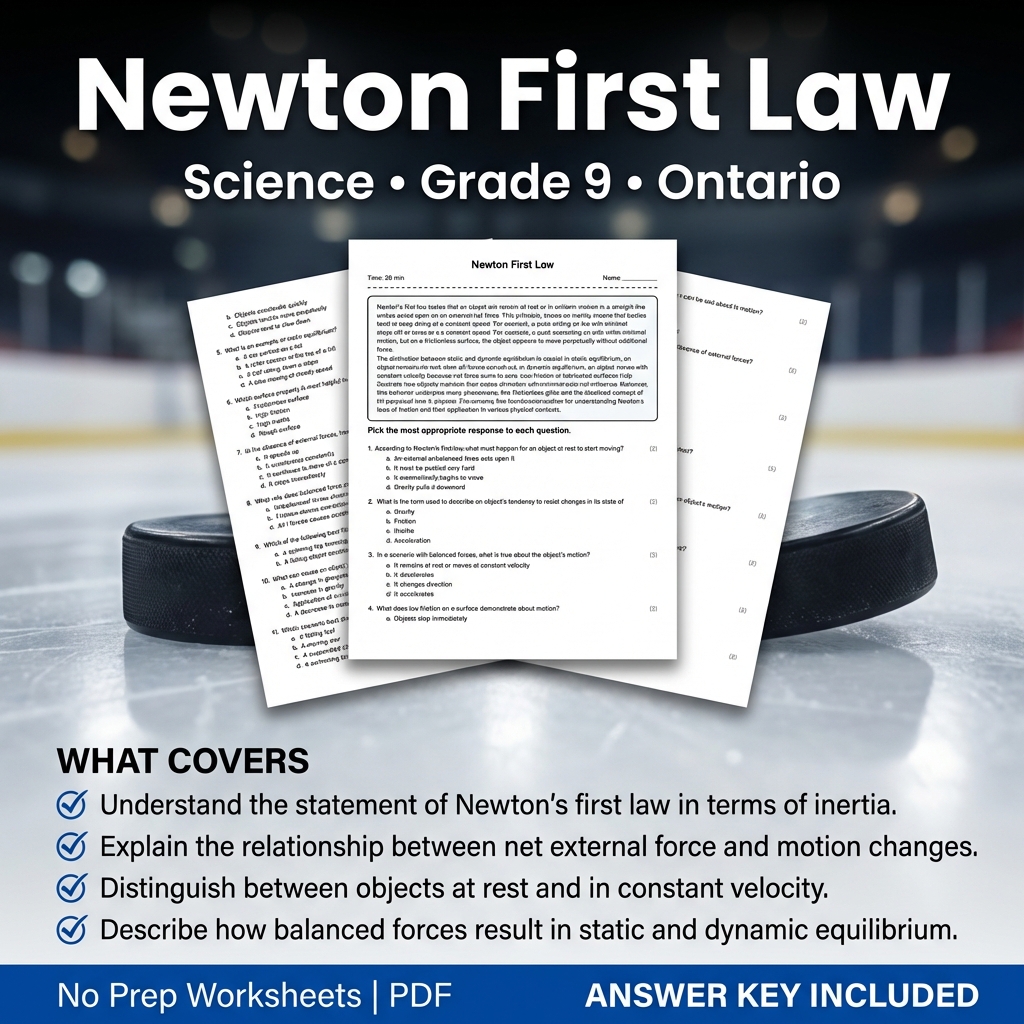 Newton First Law Worksheet for Grade 9 Science | Ontario Standards