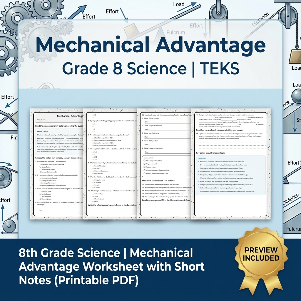 8th Grade Science Mechanical Advantage Worksheet with Short Notes (PDF)