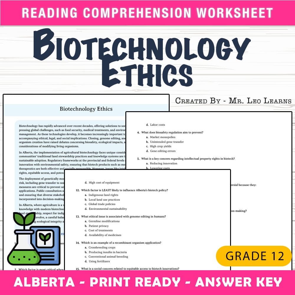 Grade 12 Science worksheet mcq paper worksheet — Grade 12 Science — Worksheet MCQ Paper for Mastering Biotechnology Ethics…
