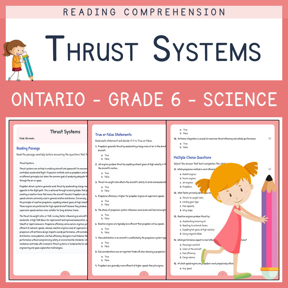 Grade 6 Science worksheet worksheet — Grade 6 Science | Thrust Systems Worksheet & Answer Key – Ontario Standard — page 1