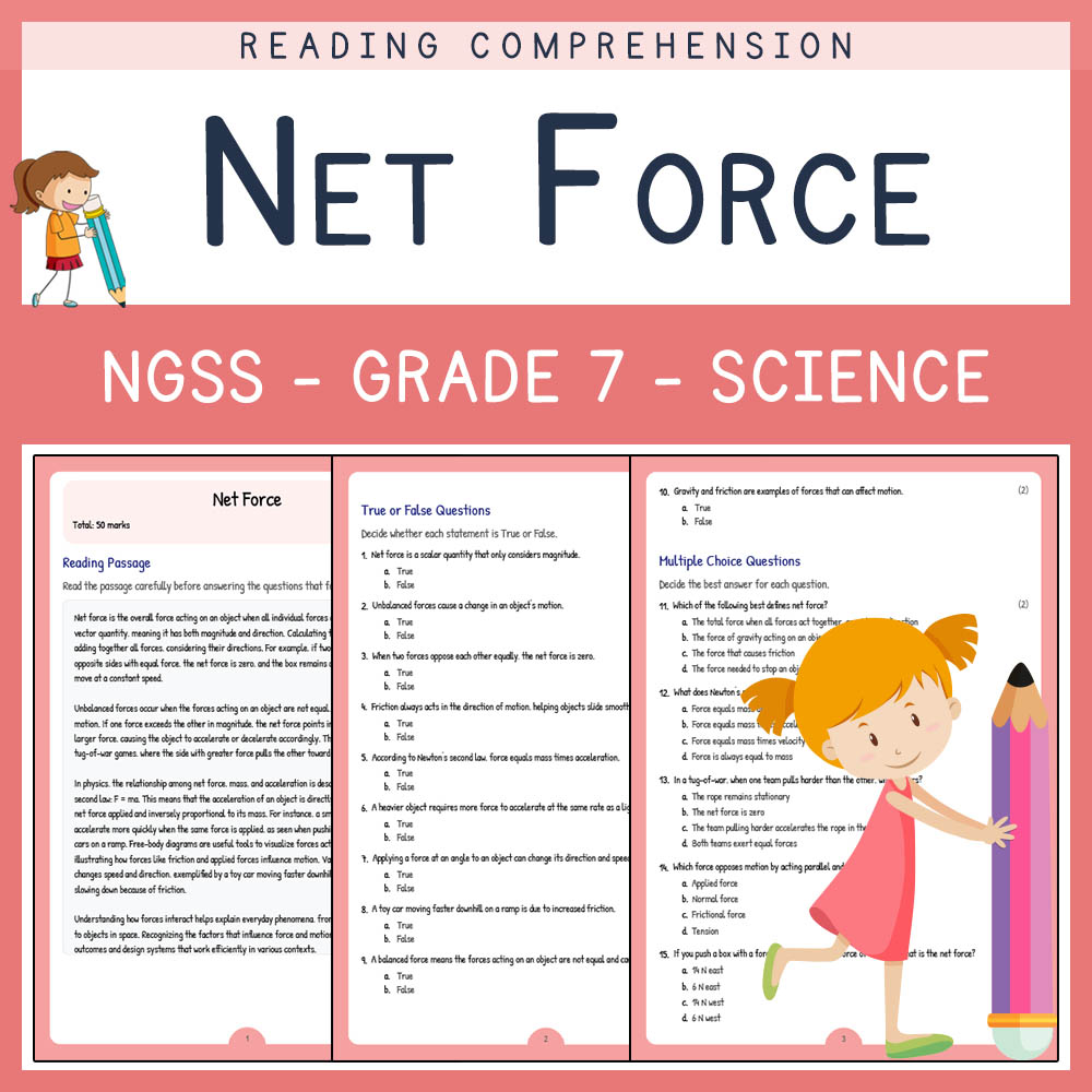 Grade 7 Science worksheet worksheet — Grade 7 Science | Net Force Worksheet & Answer Key | NGSS Aligned — page 1