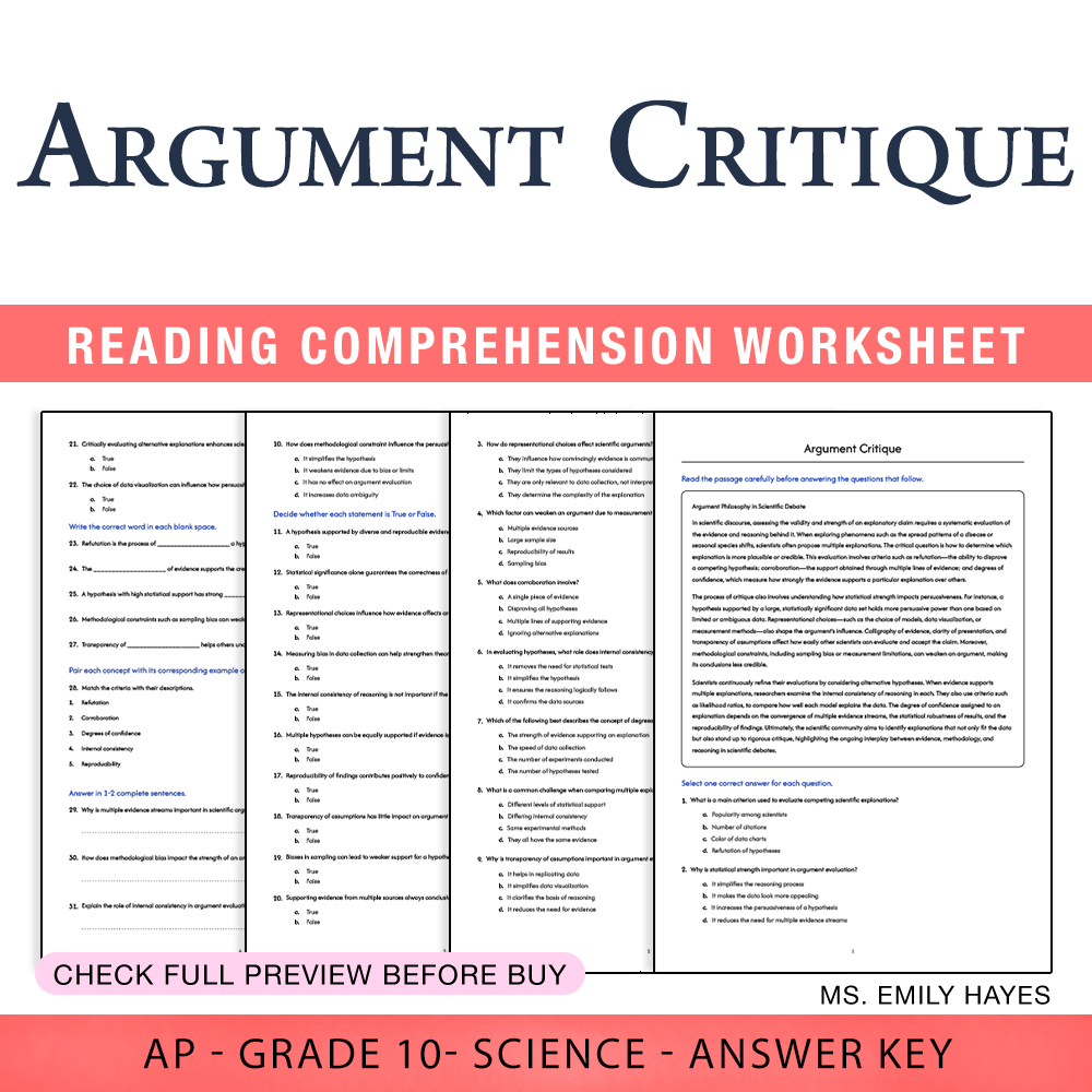 Grade 10 Science worksheet worksheet — 10th Grade Science | Argument Critique Worksheet (PDF+ Answer Key) — page 1